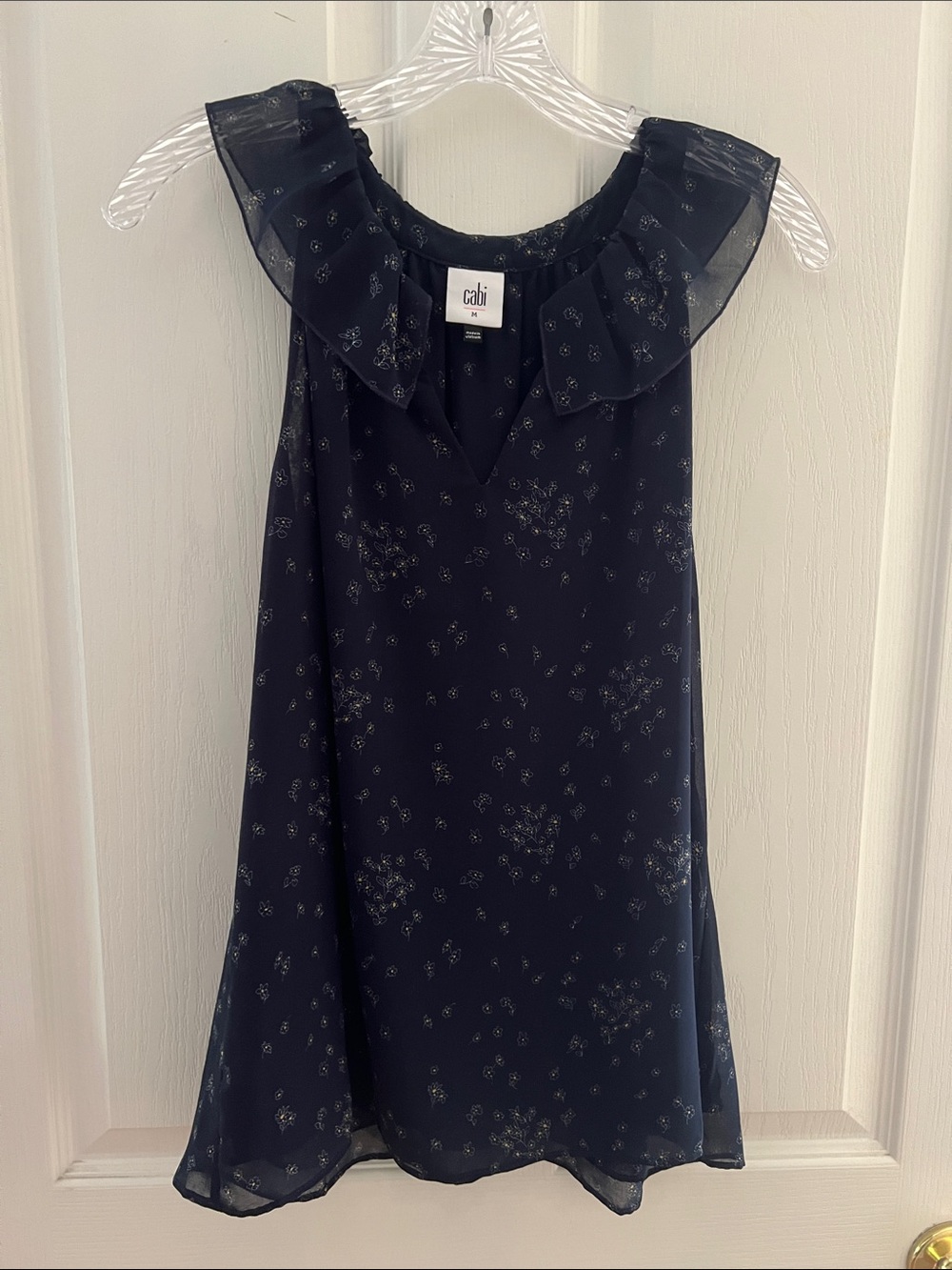 CAbi Navy Floral Metallic Ruffle Neck Sleeveless Tank